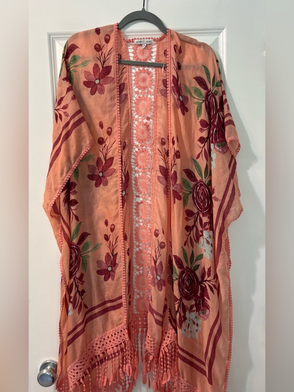 Floral Kimono Cardigan Fringe Boho Duster Cover Up Size Medium